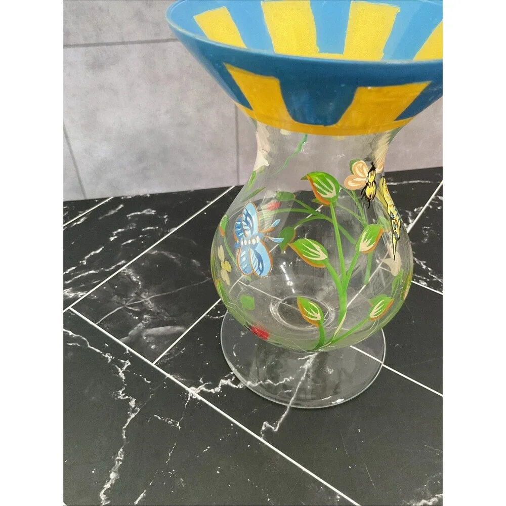 Butterfly Meadow Dragonfly Ladybug FlowerHand Painted Glass Vase 6”